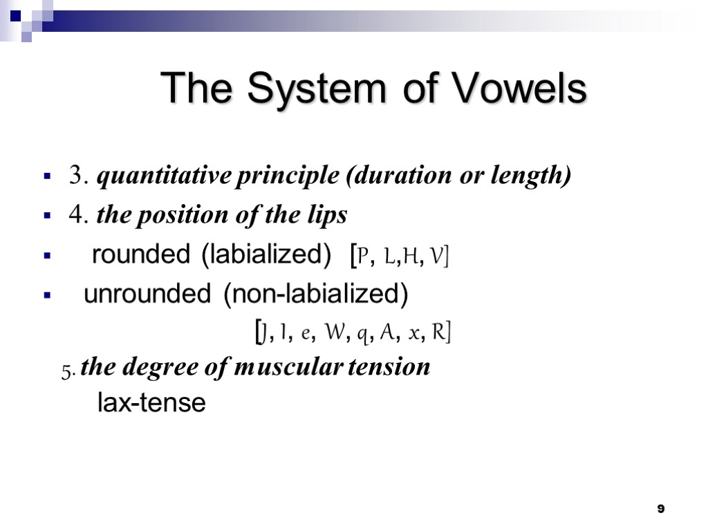 9 The System of Vowels 3. quantitative principle (duration or length) 4. the position